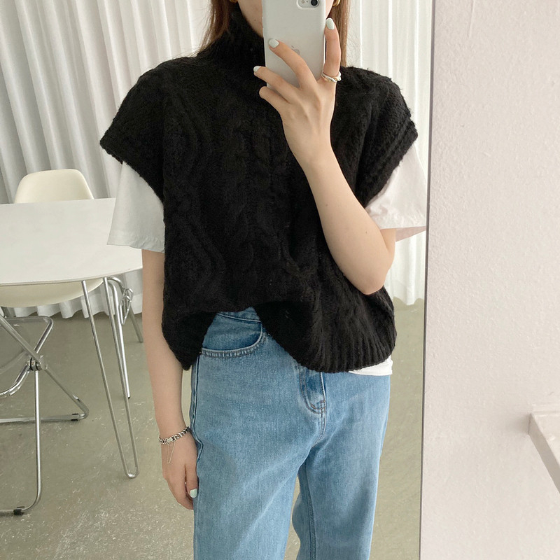 Autumn Winter Turtleneck Sleeveless Sweater Vest Women Fashion Twist Pattern Short Pullover Waistcoat Casual Loose Knitwear Tops 210218