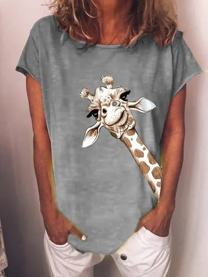 Summer Shirt Women Fashion Comfy Cute Giraffe Print Short Sleeve Round Neck T-Shirt Casual Streetwear Oversize Female Top Shirts 210306