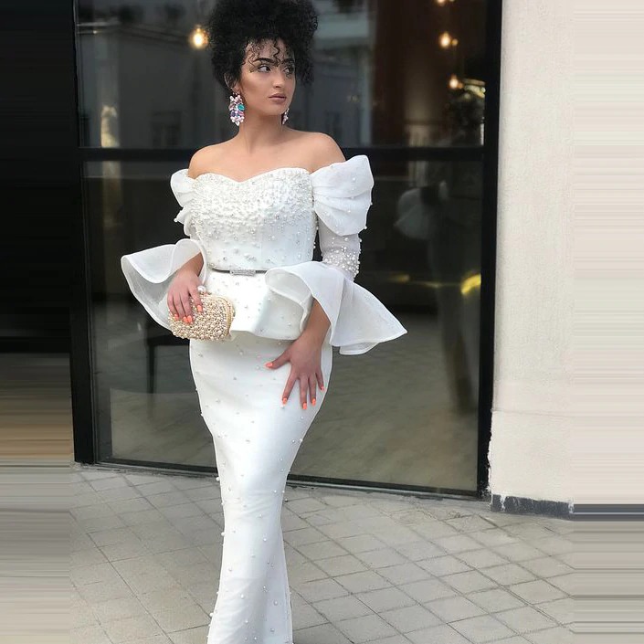 Gorgeous Mermaid Prom Dresses Dubai Arabic Pearls Beads Evening Dresses Modern Ruched Satin Custom Made Sweep Train Robe De Mariée