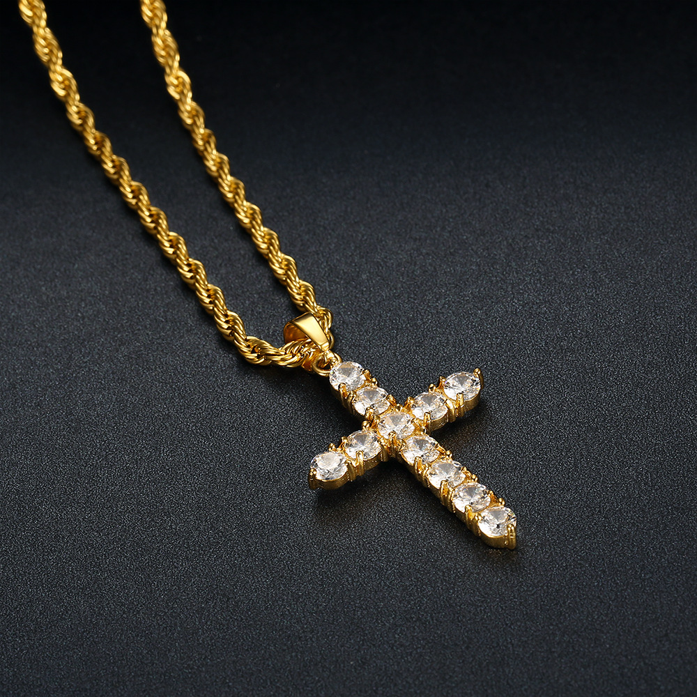 Hip Hop Stainless Steel Charm Cross Pendant Necklace Bling White Zircon 18K Gold Plated Religious Jewelry Men Women Gift