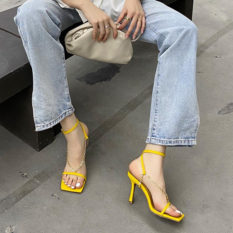 Chic Women's Purple High Heels with Gold Chain Detail - Open Toe Stiletto Sandals Ideal for Nightlife
