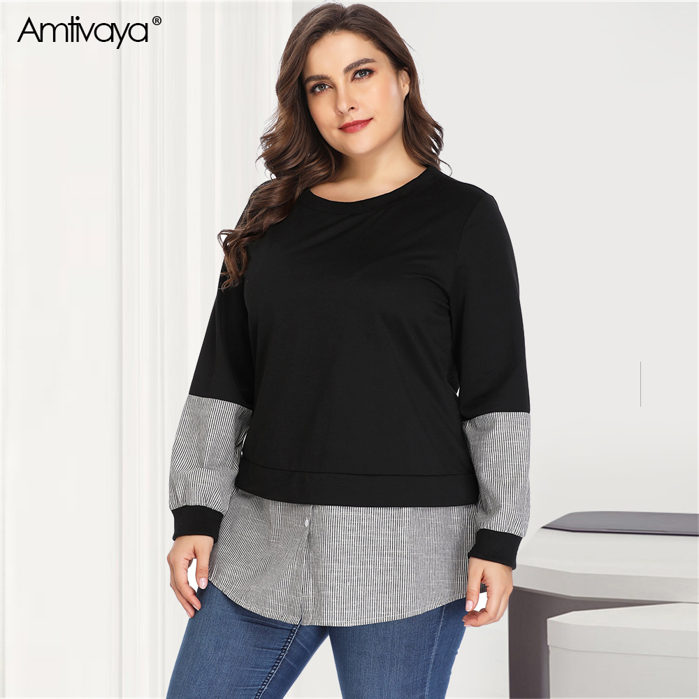 Amtivaya Plus Size Women Tops Loose Casual Long Sleeve T Shirts T200614