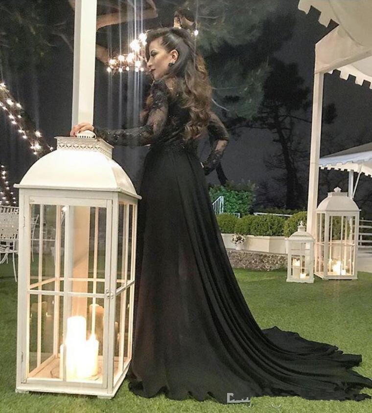 Sexy Deep V Neck Jumpsuit Evening Dresses with Detachable Train Lace Appliqued Beaded Black Formal Party Gowns Prom Dress Pants Suits
