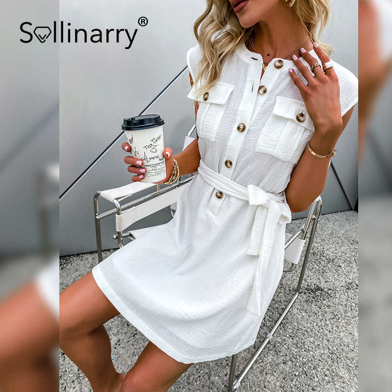 Sollinarry Elegant Summer Sleeveless Dress Office Ladies Buttoned Lace-up Dress Casual White Cotton O-neck A-line Vestidos 210709