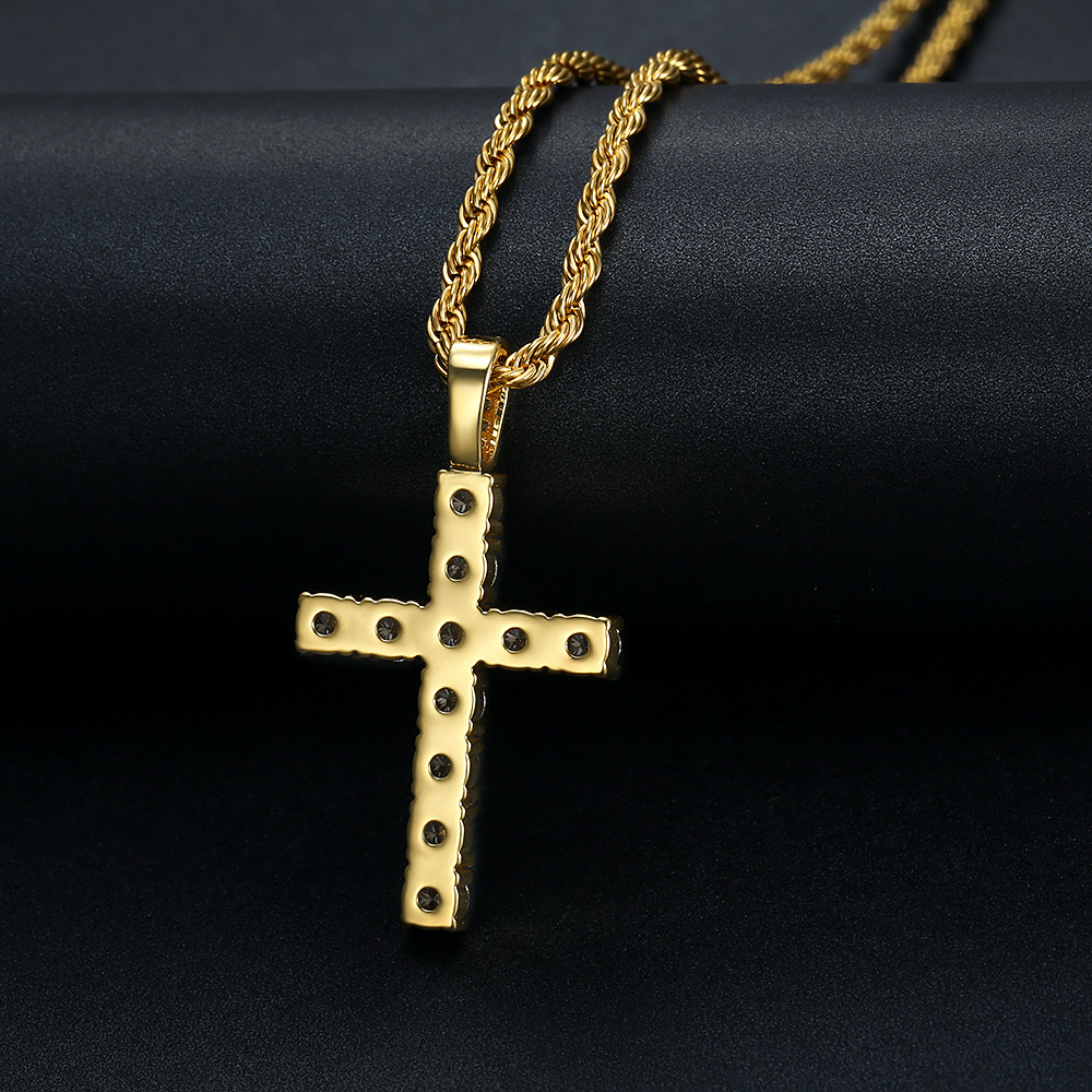 Hip Hop Stainless Steel Cross Pendant Necklace Bling White Zircon 18K Gold Plated Religious Jewelry Men Women Gift