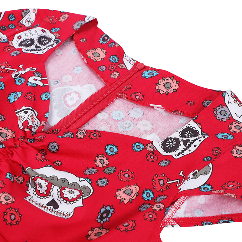 OTEN Halloween Summer skater dress elegant Vintage Red Sugar Skulls Flower print 50s rockabilly Evening Party Plus size Dresses 210315