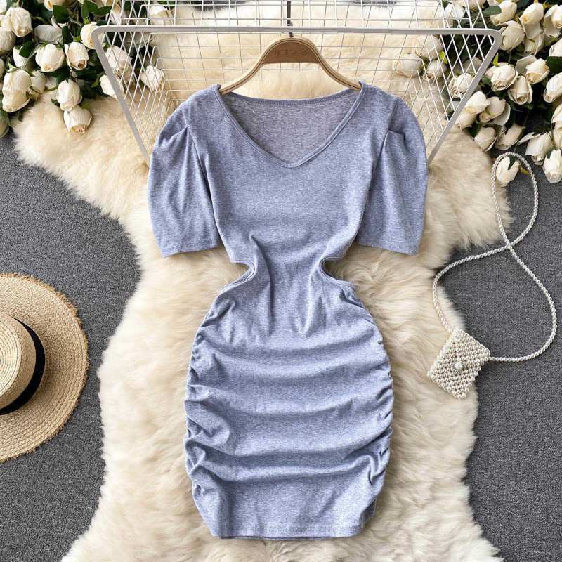 DEAT Women Hollow Out Dress Round Neck Short Sleeve Arrivals Lady Sexy Temperament Fashion Spring Summer 11D1572 210709