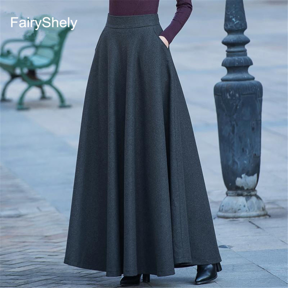 FairyShely Autumn Winter Retro High Waist Pleated Skirt Women Casual Pocket Woolen Maxi Skirt female Flare Red Long skirt 210306