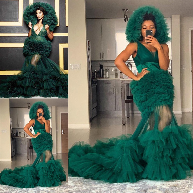 Modern Puffy Bride Sleepwear Robes With Hat Soft Tiered Tulle Sexy V Neck Long Sleeve Custom Made Women Sleepwear Pajamas