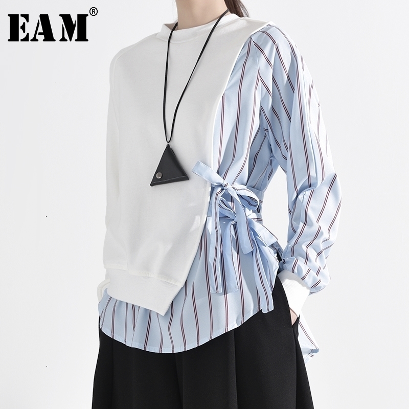 [EAM] Loose Fit Blue Striped Split Bandage Sweatshirt New Round Neck Long Sleeve Women Big Size Fashion Tide Spring LJ201130