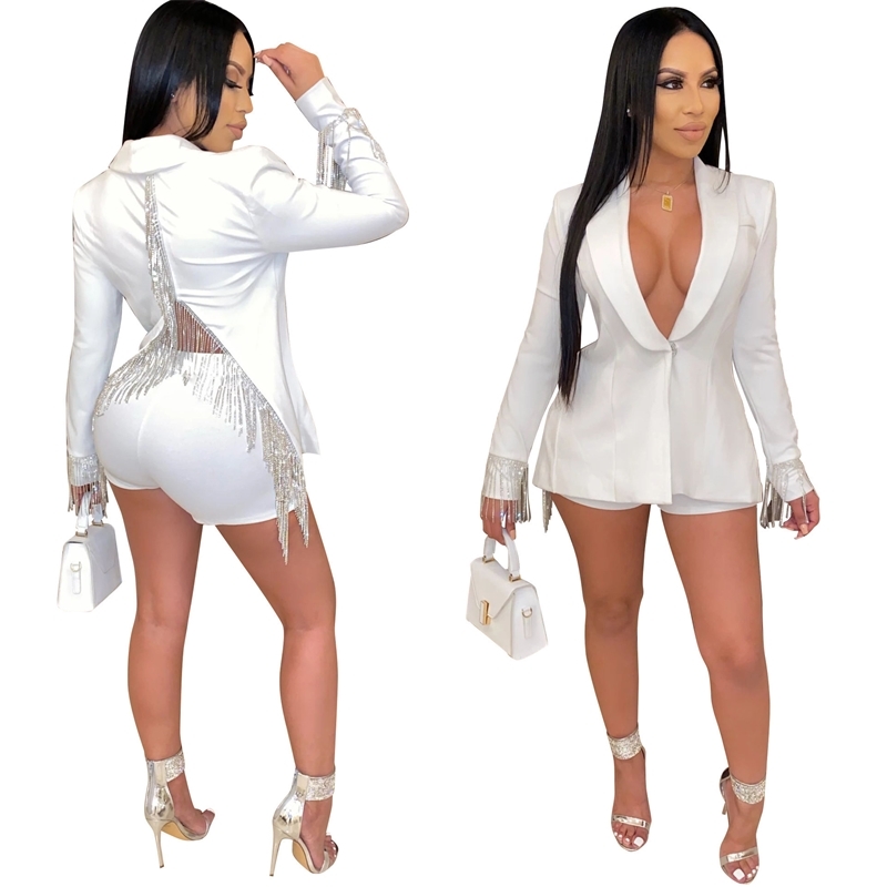 Echoine Autumn blazer set Two Piece Set Tassel Back Split Blazer Jacket Women Vneck women suits Sexy Club Shorts Matching Set T200325