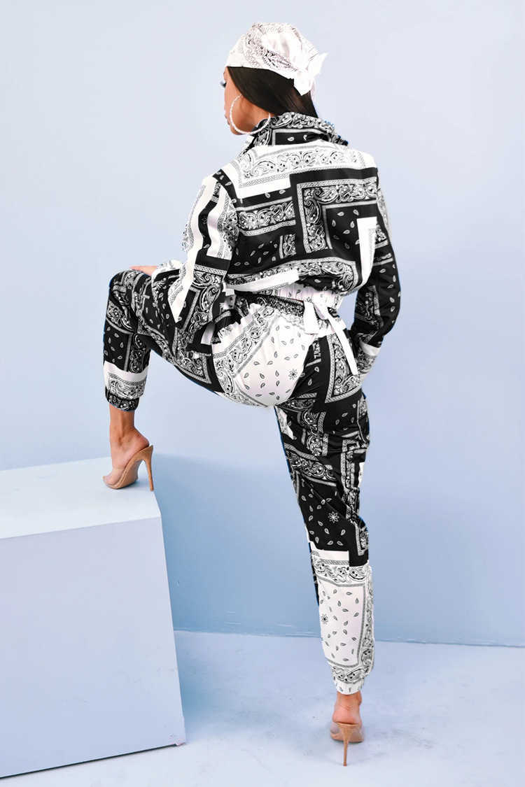 Bandana Print Two Piece Set Causal Paisley Print Long Sleeve Zippers Short Jacket Tops Jogger Pants Suit Outfit Street Tracksuit Y0625
