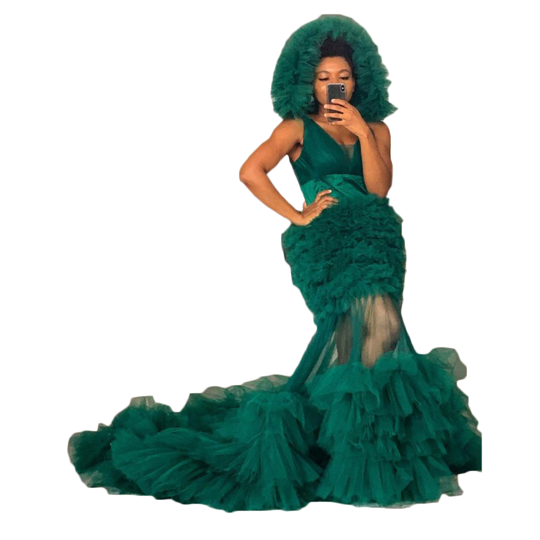 Deep V Neck Tulle Kimono Long Sleepwear Robes Ruffles Night Robe Photography Bridal Party Nightgown Robes for Women