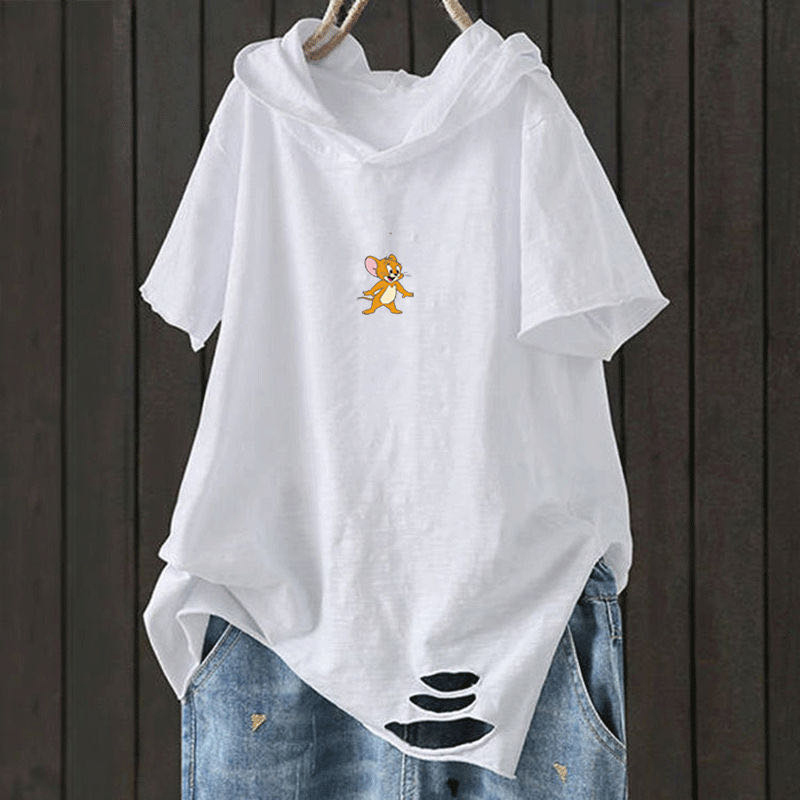 F&je New Fashion Summer Women T Shirt Plus Size Short Sleeve Loose Casual Hooded Tee Shirt Hole Cotton Femme Print Tops D32 210302