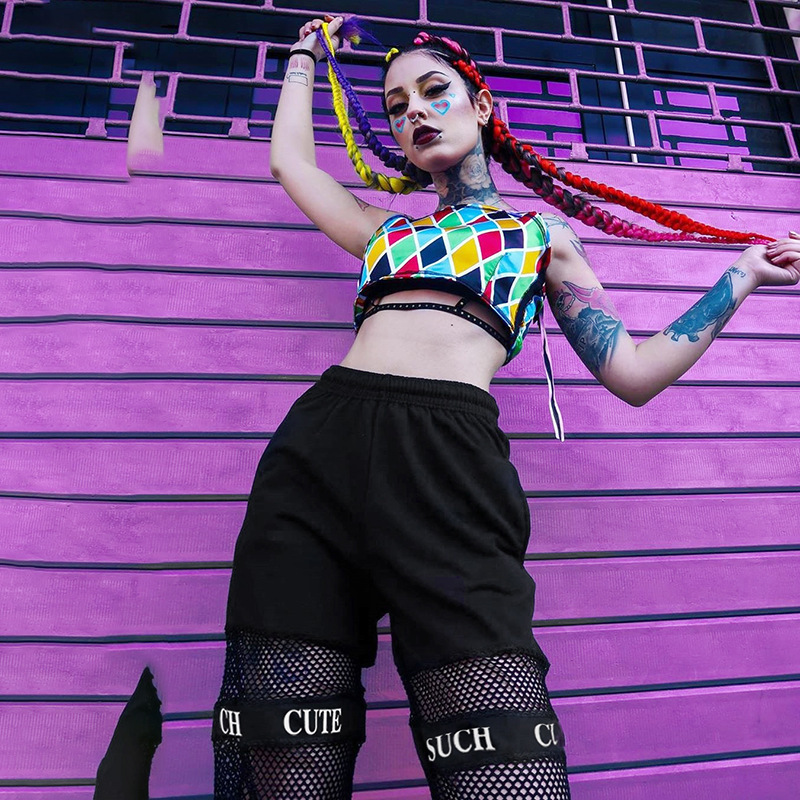 Black Gothic Streetwear Pants Casual Fishnet Mesh Patchwork Baggy Pants Women Summer Elastic Igh Waist Trousers T200606