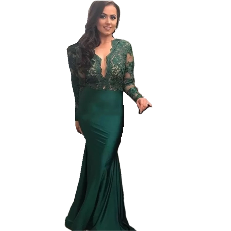 Elegant Dark Green Mermaid Evening Dresses Lace Long Sleeve Deep V-Neck Sexy Illusion Formal Evening Gowns Women Prom Dress Robes De Soriee Special Oc