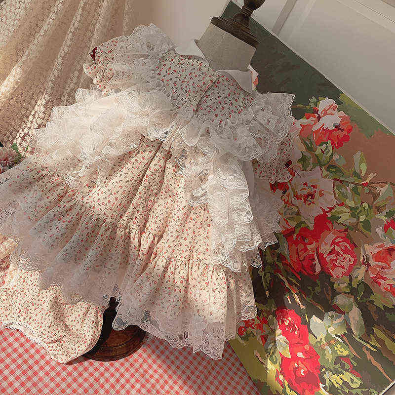 2PCS Baby Girl Summer Floral Lace Vintage Spanish Lolita Princess Ball Gown Dress for Girl Birthday Easter Party Causal Dress G1218