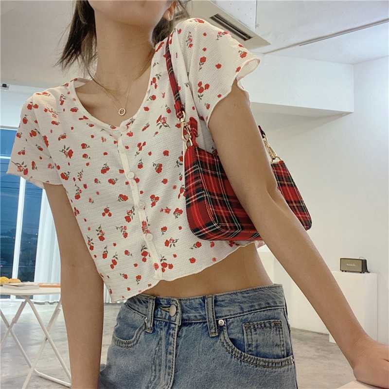 Summer Short Sleeve Shirts Women Printed Floral Cropped Tops Female Plus Size Single-Breasted Flower Street Wear Blusa 210601