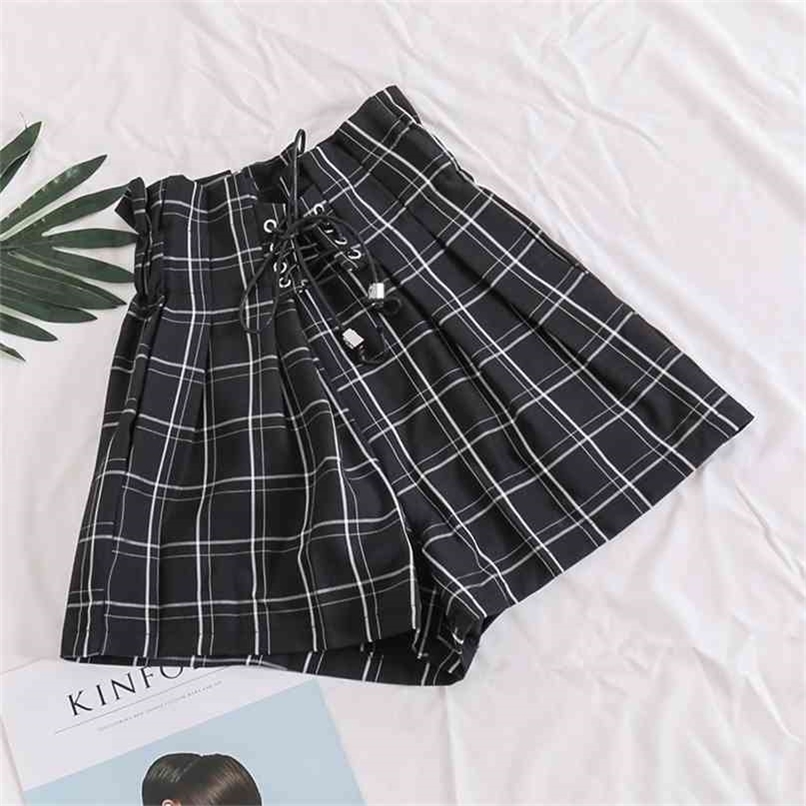 HELIAR Women Drawstring Plaid Shorts Elastic Waist Wide Leg With Saches Harajuku High For Autumn 210714