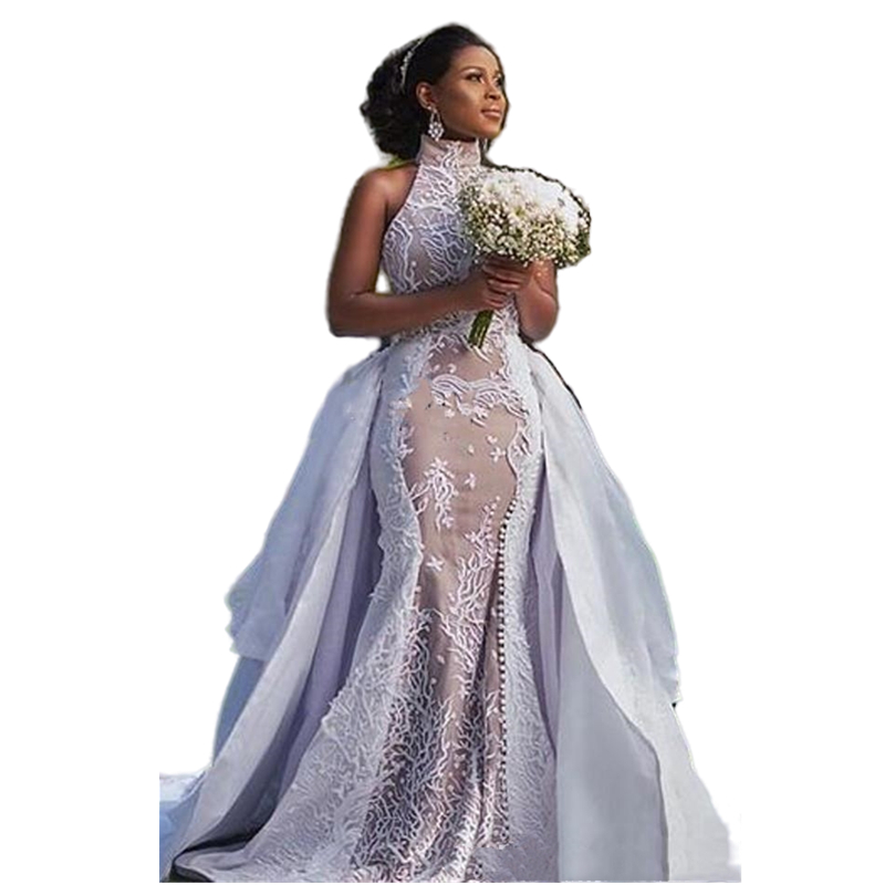 Luxury High Neck African Mermaid Wedding Dresses With Detachabe Train Skirts 2022 Sleeveless Long Garden Bridal Wedding Gowns Lace Plus Size Bride For