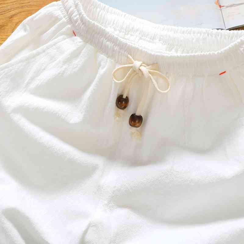 Summer lovers solid casual shorts male linen knee length cotton Board men drawstring thin Breathable Male Bermuda white 210629