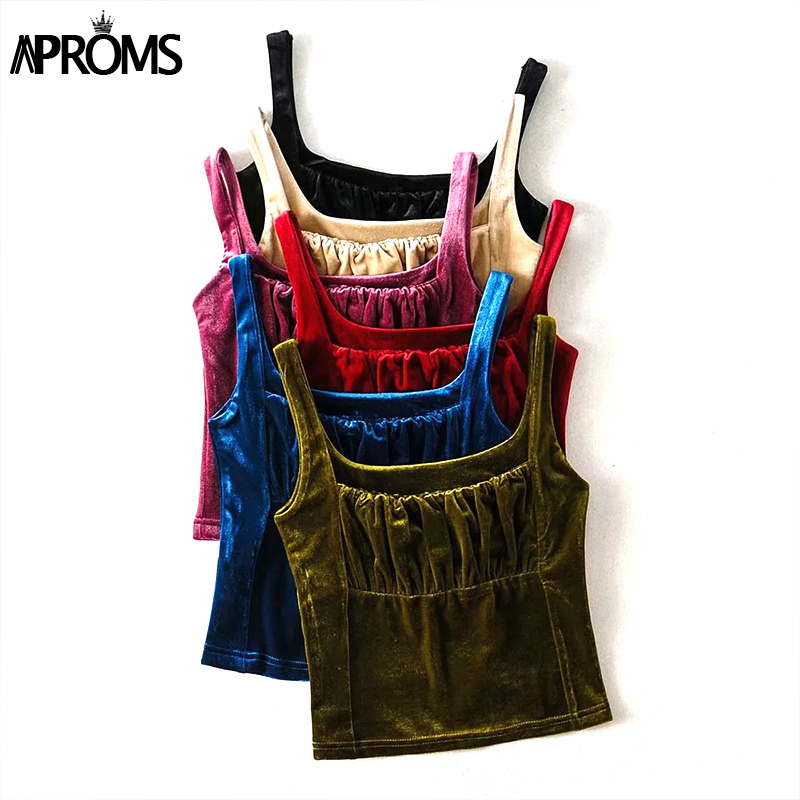 Aproms Solid Color Velvet Camis Female Streetwear Tube Spring Ruched Women's Tank Tops 90s Cool Girls Sexy Stretch Crop Top 210316