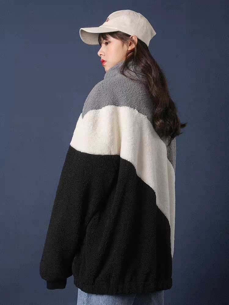 Qooth Ins Trendy Women's Winter Jacket Warm Zip Up Fur Coat Woolen Pocket Loose Style Oversized Patchwork Thick Coats S-XL QT303 210609