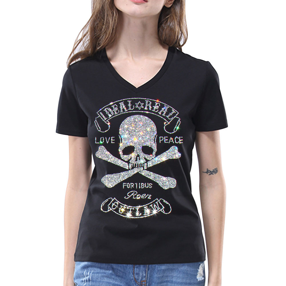 New Summer Women's Skulls Rhinestones t shirt Hip Hop Rock Hipster t-shirt High Quality Diamonds Print White Black Fashion Tops 210306