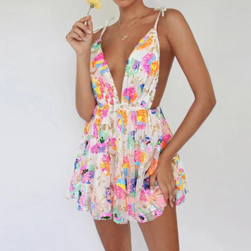 Casual Dresses Women Backless Elegant Dress Sleeveless Deep V Neck High-Waist Sequined Street Midi Pink White Fashion And Chic S M L