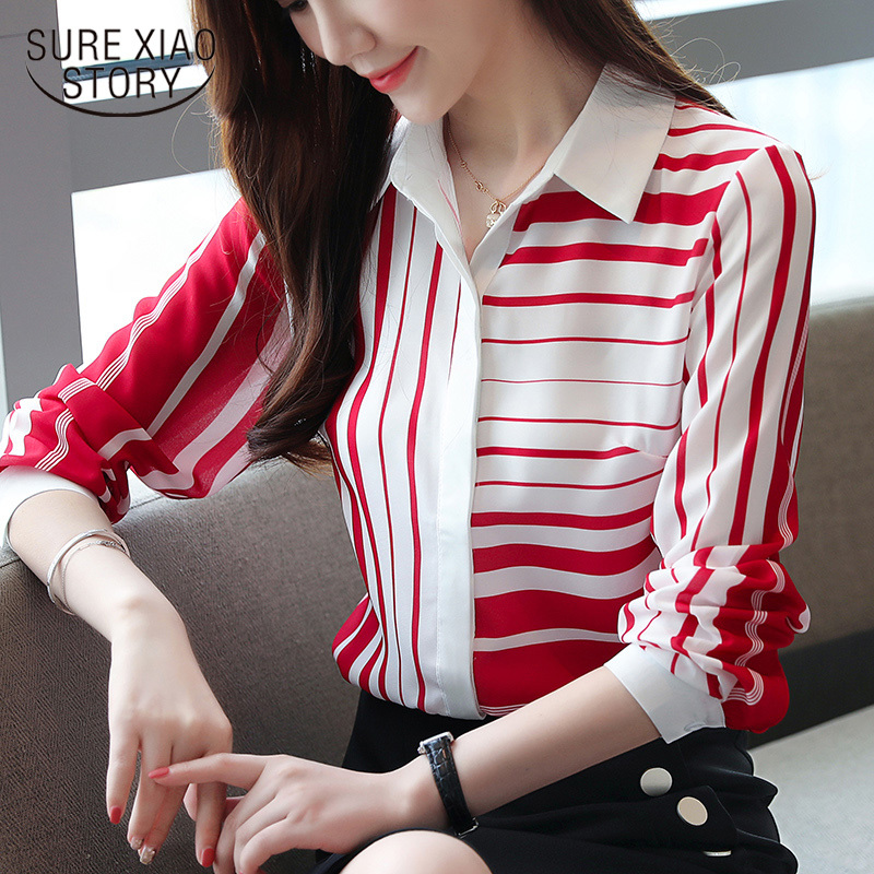 Femal Slim Shirts Striped Shirt Women Autumn New Korean Women Full Sleeve Shirts Turn-down Collar Chiffon Blouses 6108 50 210225