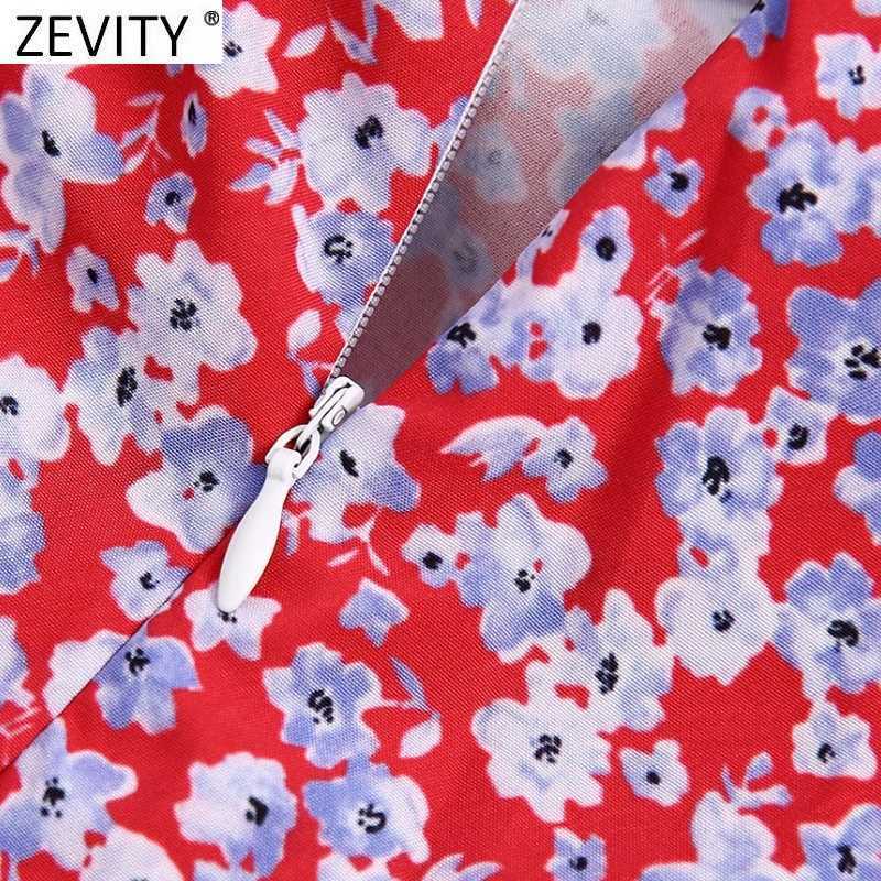 Zevity Women Sweet Red Floral Print Ruffles Sling Midi Dress Female Side Zipper Boho Vestido Chic Casual Summer Dresses DS8317 210603