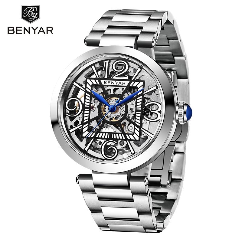 Wristwatches BENYAR Hollow Mechanical Wristwatch Stainless Steel Waterproof Automatic Watch Top Fashion Men 41mm Dial, Black
Wristwatches BENYAR Hollow Mechanical Wristwatch Stainless Steel Waterproof Automatic Watch Top Fashion Men 41mm Dial, Black