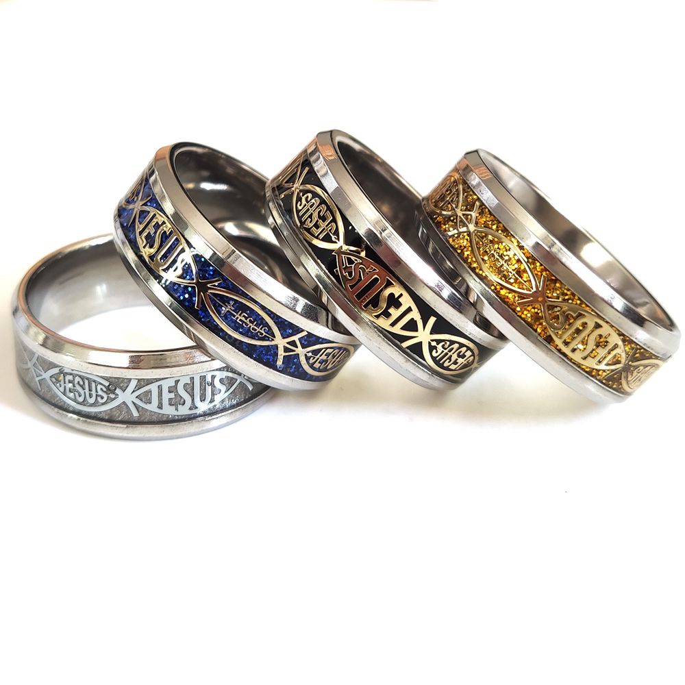 Bulk lots 50pcs/lot Top Mix Jesus Letter 316L Stainless Steel Ring For Religious Fish Men Women Wedding Jewelry Male Female Fashion Ring