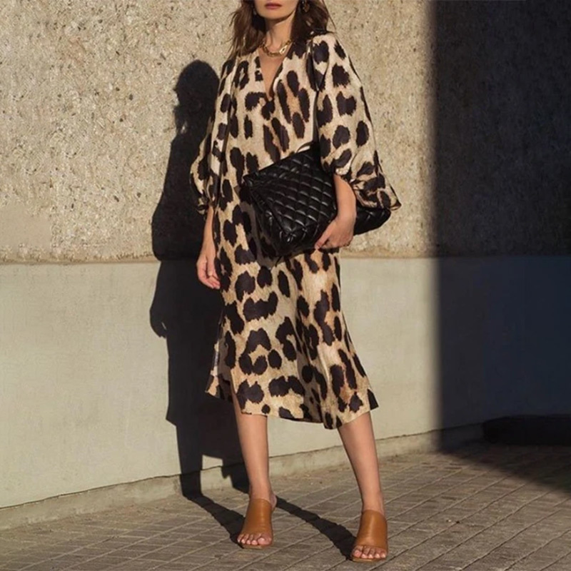 Loose Leopard Print Woman Midi Dress Three Quarter Lantern Sleeve V-neck Dresses Fashion Ladies Summer Antumn Female Clothes 210309