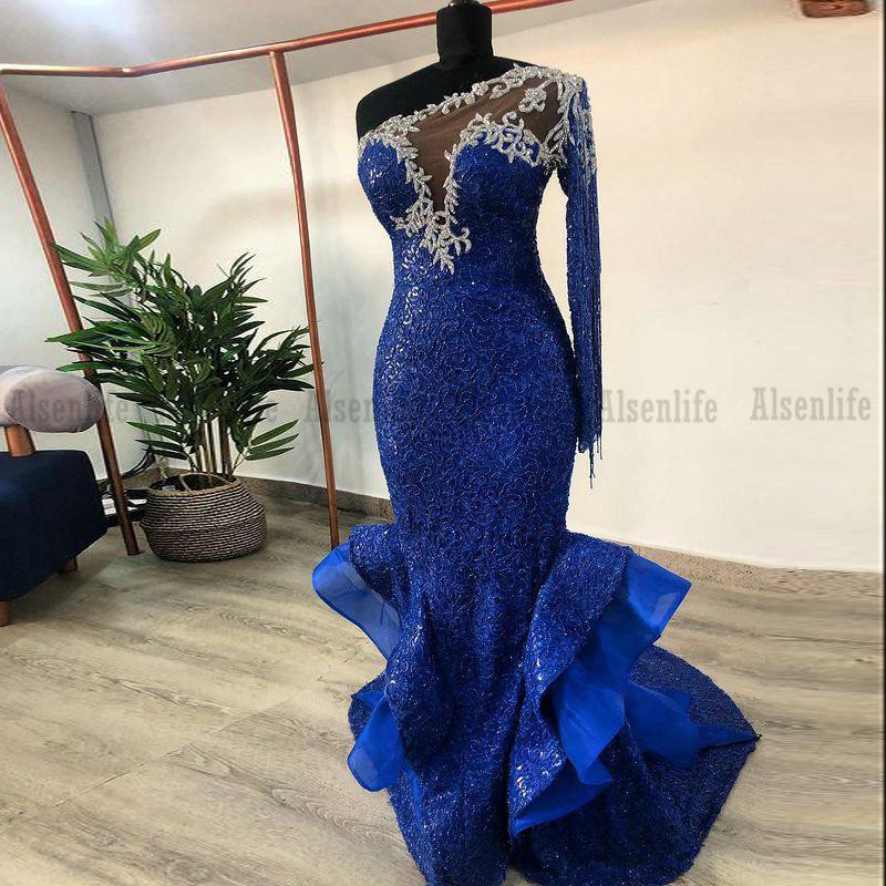 Aso Ebi Arabic Royal Blue Lace Evening Dresses Beaded Mermaid Prom Dresses Sexy Formal Party Second Reception Gowns