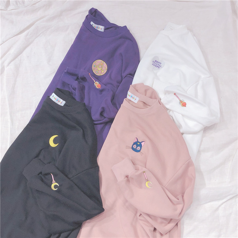 Woherb Spring Summer Harajuku Kawaii Thin Sweatshirt Women Sailor Moon Embroidery Cosplay Long Sleeve Tops Hoodie 21262 201211