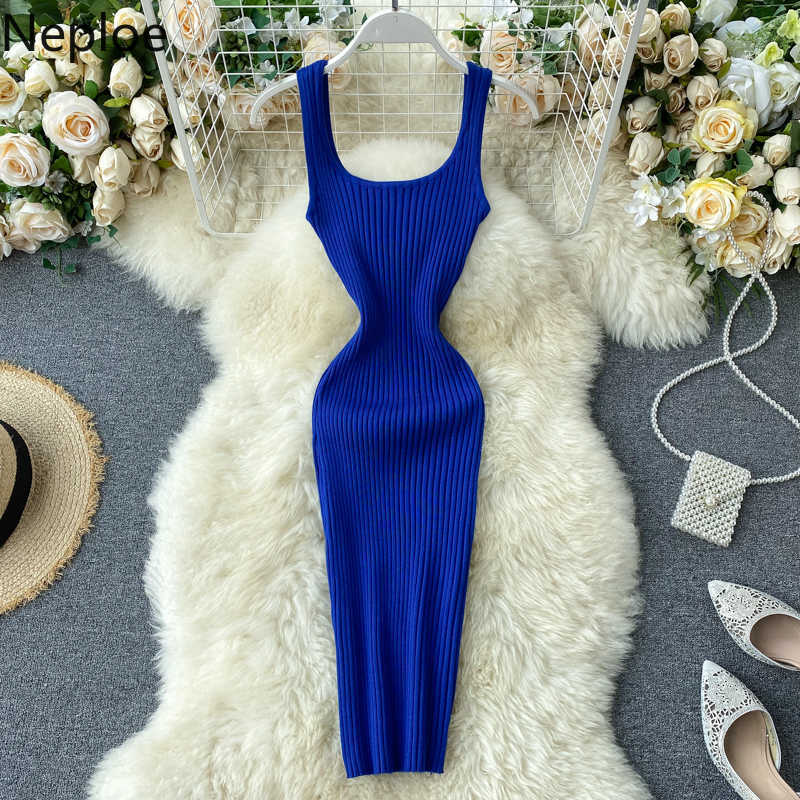 Neploe Knitted Dress Women Fashion Square Collar Sleeveless Tank Ladies Vestidos Elegant Slim Stretch Waist Bodycon Dresses 210630