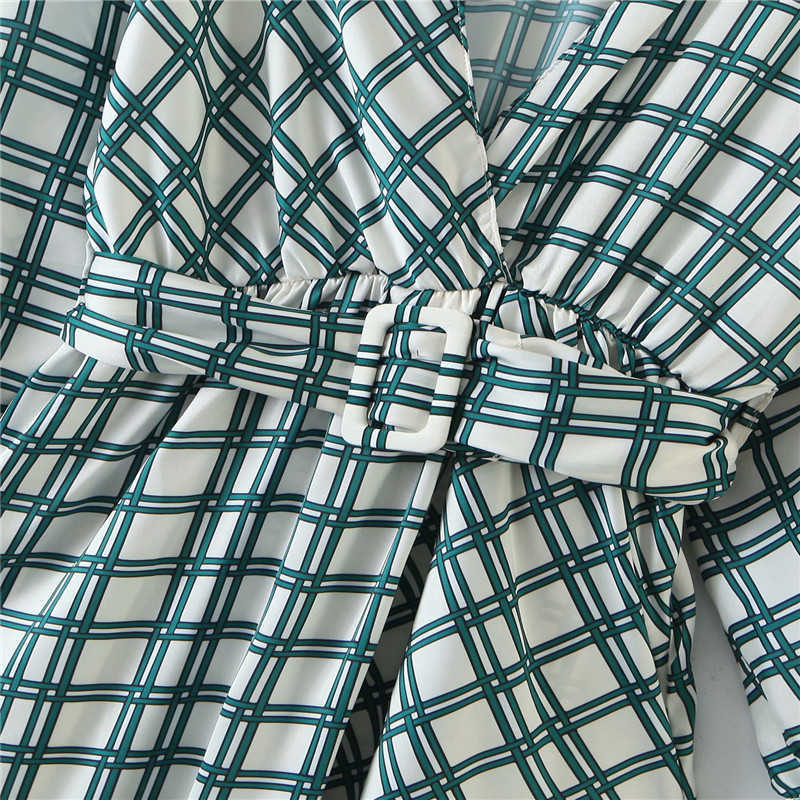 Za Woman Autumn Plaid Print Belt Dress Lapel Collar Long Sleeve Green Dress Elastic Waistband Women Elegant Long Dresses 210602