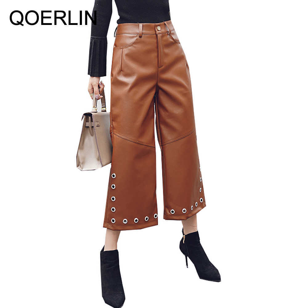 British Style Women's PU Leather Pants Mid-Waist Cropped Casual Straight Wide Leg Trouser Motorcycle Plus 210601
