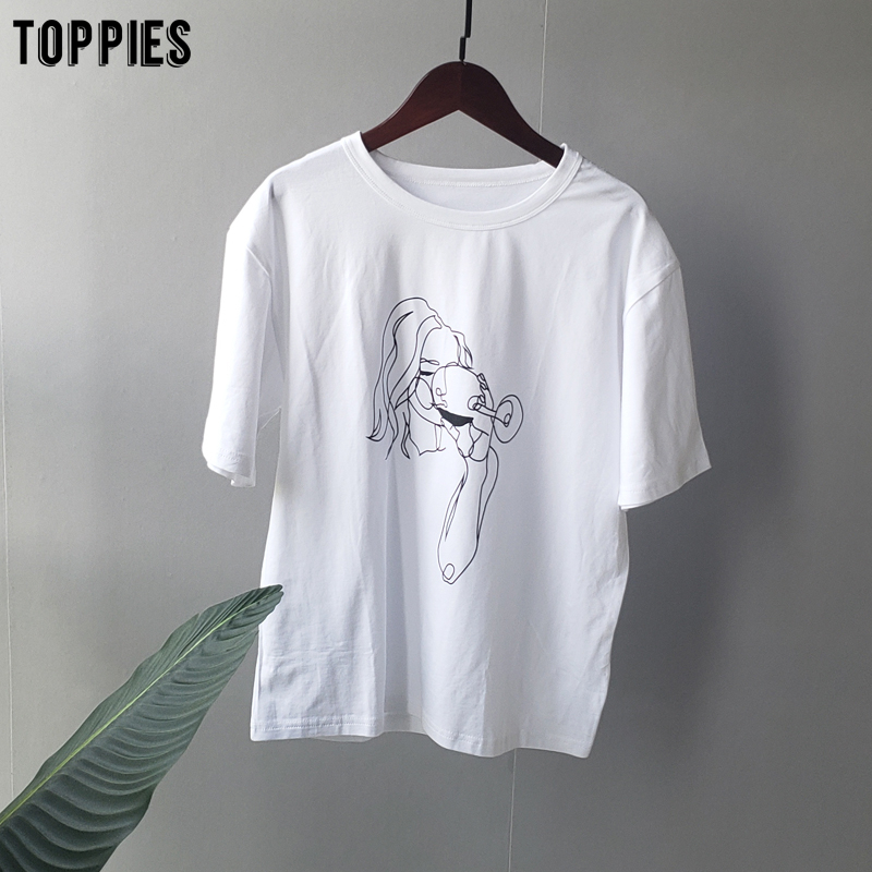 toppies summer t-shirts character printing tops tees solid color white t-shirts women drinking girls tops 210306