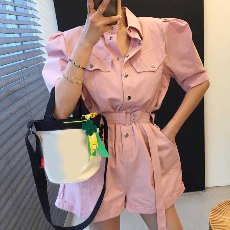 Korejpaa Women Jumpsuit Korea Chic Wild Lapel Metal Single-breasted Loose Ring Belt Multi-pocket Tooling Short Rompers 210526