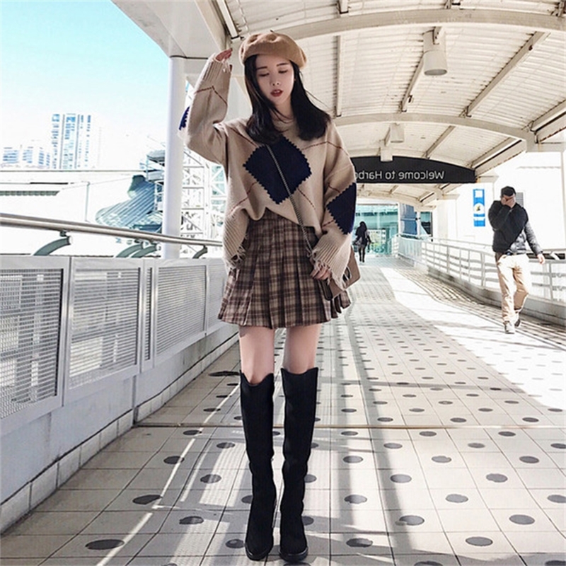 ICHOIX plaid mini skirt 2 piece set women winter clothing knitted sweater two piece outfits casual student Korean 2 piece set T200325