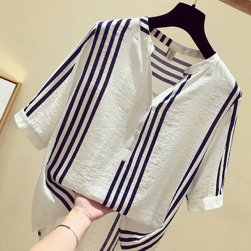 F&je New Summer Women Shirt Plus Size Short Sleeve Loose Casual V-neck Ladies Tops Vertical Striped Blouses Big Size S-5XL D19 210225