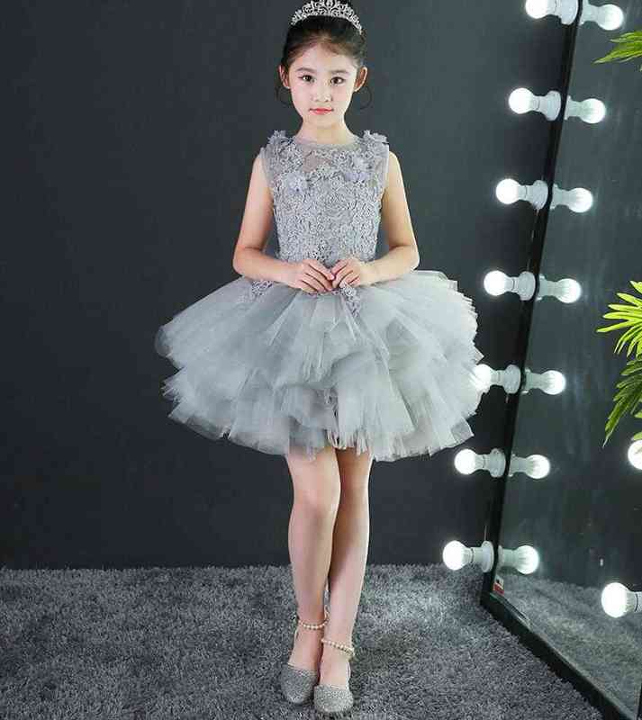 Kids Dresses Girl Long Trailing Prom Gray Tulle Gowns Appliques Lace New Children Graduation Dress Teen Wedding Bridesmaid Robe G1218