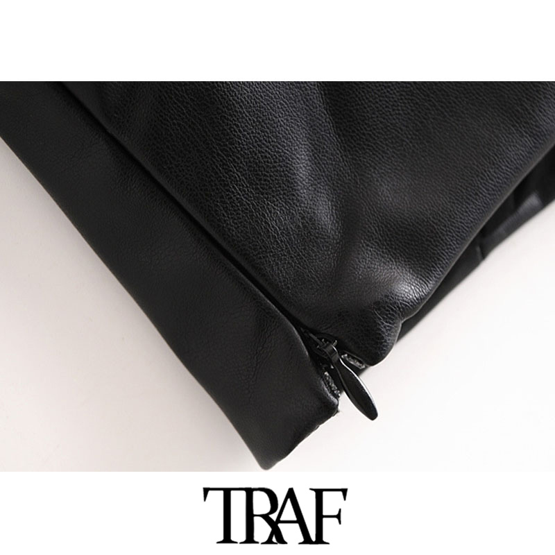 TRAF Women Sexy Fashion Faux Leather Cropped Tank Top Vintage V Neck Side Zipper Wide Straps Female Camis Chic Tops 210308