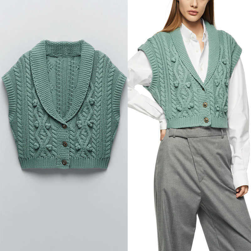 

ZA Cable Knit Cropped Vest Sweater Women Sleeveless Front Jewel Button Vintage Knitted Top Female Chic Fitted Blue Sweaters 210602