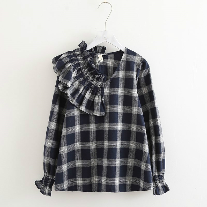 KYQIAO women's plaid shirt mori girls autumn spring v neck puff corrugated edge long-sleeved green red blue plaid blouse 210225