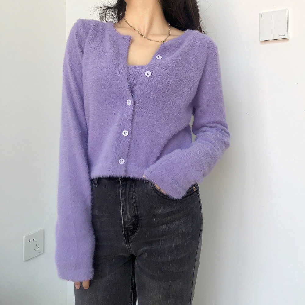 WOMENGAGA Autumn Winter French Fashion Mohair Two-piece Knitted Cardigan High Waist Short Tops Sweater For Women QAYK 210603