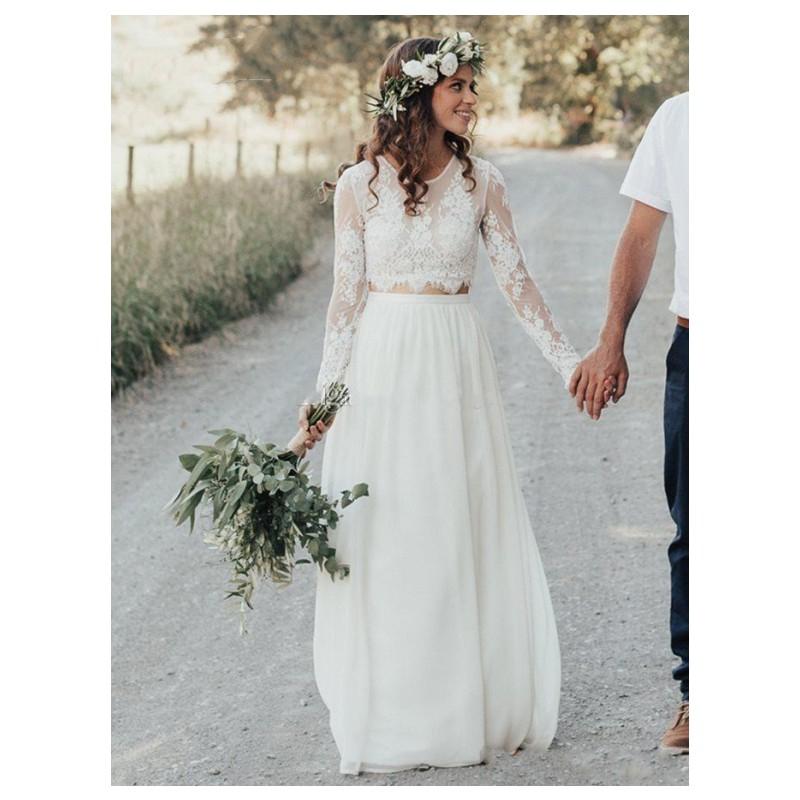 Bohemian Summer Long Sleeve Wedding Dresses Cheap Two Piece Lace Chiffon Bridal Gowns 2021 New Boho Beach Wedding Dress Vestidos de Novia