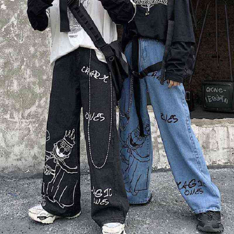 Graffiti printed street jeans women's gothic mopping loose wide-leg pants Harajuku street casual all-match jeans trousers women 211112